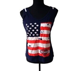 Y2K EUC Harley-davidson Cycles women's American flag 4th of July tank top M Navy